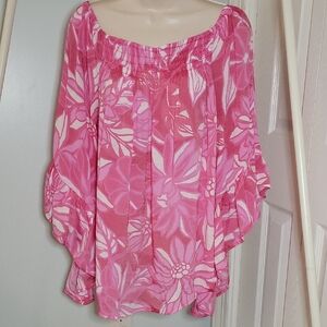 Mlle Gabrielle Pink Floral Tropical Print Ruffle Sleeve Blouse Size 1X